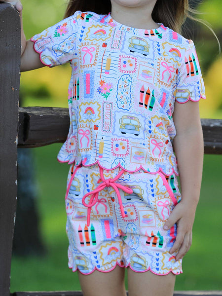 Back to School Print Girl Short Set Scallop Hem: