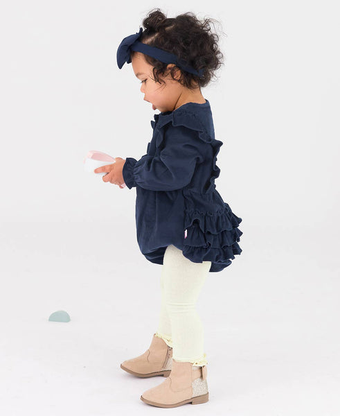 Baby Girls Dark Navy Stretch Corduroy Waterfall Bubble Romper: Blue / 0-3m