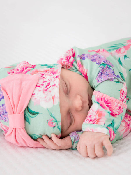 SoftSnooze™ Baby Girls Bamboo Viscose Sage Garden Ruffle Knotted Sleep Gown & Bow Hat Set: Green / Newborn-3m