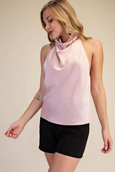 Halter Neck Cowl Neck Sleeveless Openback Satin Top: Dusty Blue / S