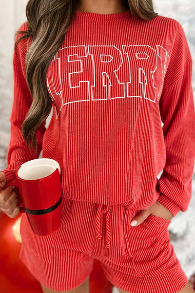 Corded MERRY Graphic Long Sleeve Top and Shorts Set: Racing Red