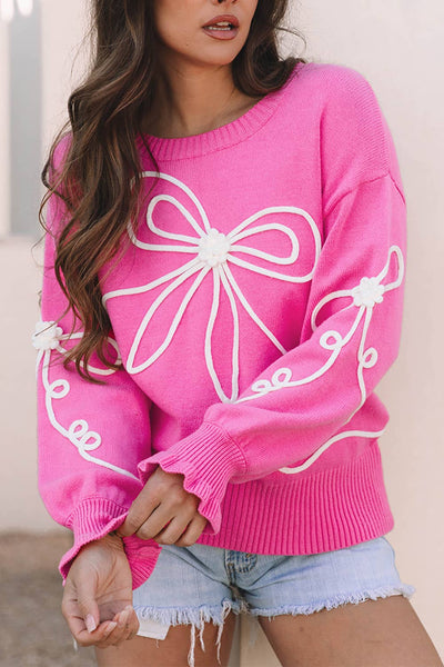 Ribbed Corded Flower Bow Knot Sweater