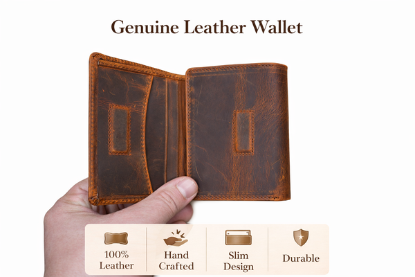 Leather Wallet for Men Handcrafted Distressed Trifold Wallet: Rustic Brown