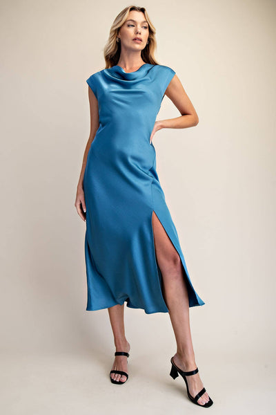 Short-Sleeve Cowl-Neck Slip Midi Dress: Cream