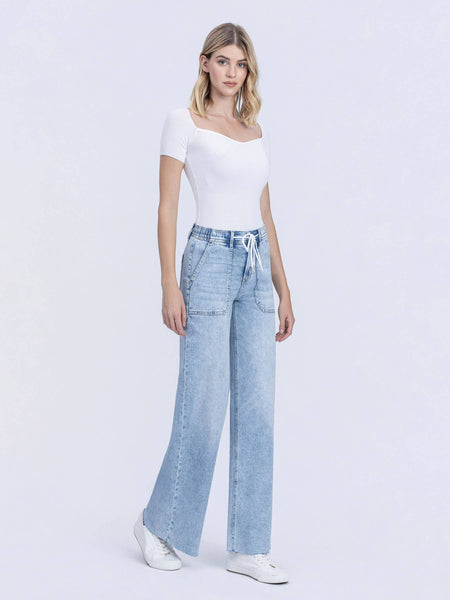 HIGH RISE DRAWSTRING WAISTBAND WIDE LEG JEANS F6065: CLEARLY