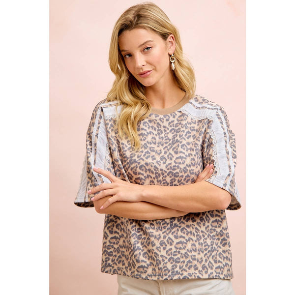 LEOPARD TERRY SIDE DETAIL SHORT SLEEVES TOP: