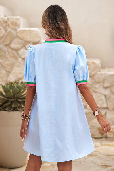 LDC Contrast Striped Detail Notched Neck Puff Sleeve Dress: Myosotis