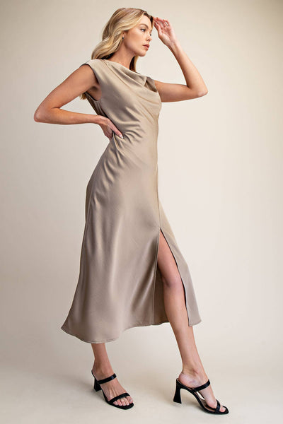 Short-Sleeve Cowl-Neck Slip Midi Dress: Cream