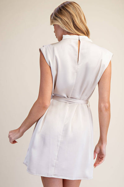 Mock Neck Waist Tie Sleeveless Mini Dress: Black