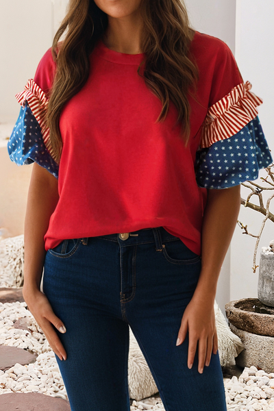 LDC Stars Stripes Round Neck Short Puff Sleeve Top