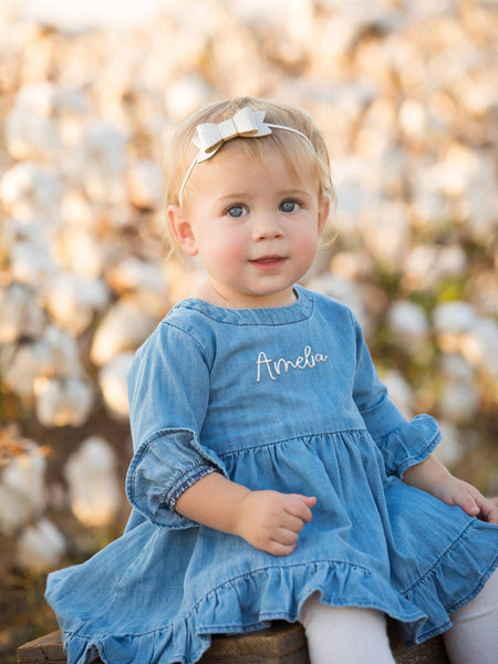 Girls Light Wash Denim Stretch Denim High Low Ruffle Tunic