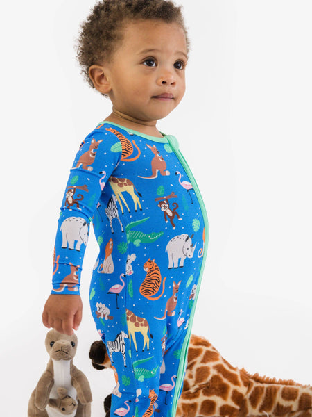 SoftSnooze™ Baby Bamboo Viscose Zoo Crew Footed One Piece Pajama: Blue