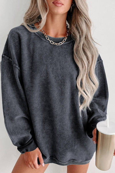 Custom Solid Ribbed Knit Round Neck Pullover Sweatshirt: Black / 100%Polyester