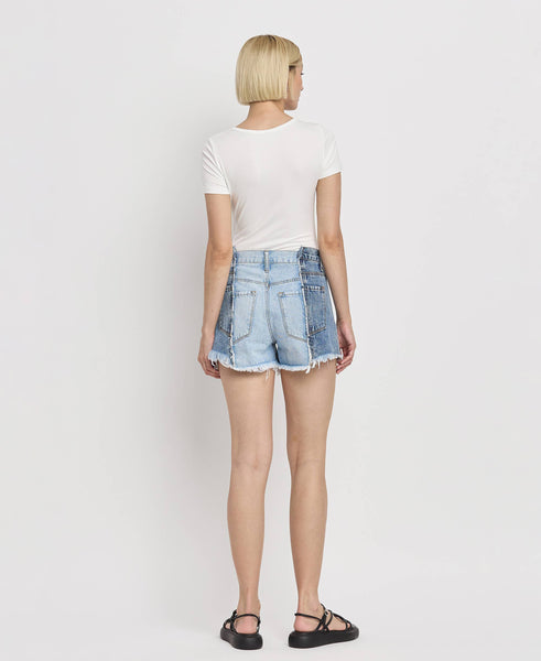 HIGH RISE TWO TONE PATCH DENIM SHORTS BY4330: FUTURESTIC
