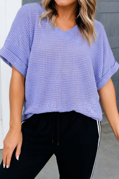 LAS Waffle V Neck Short Sleeve Knit Top Wisteria