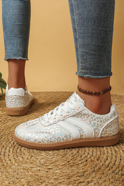 Leopard Printed Lace-up Sneakers White
