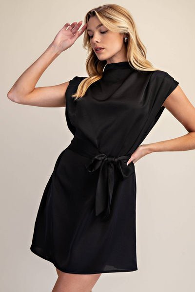 Mock Neck Waist Tie Sleeveless Mini Dress: Black