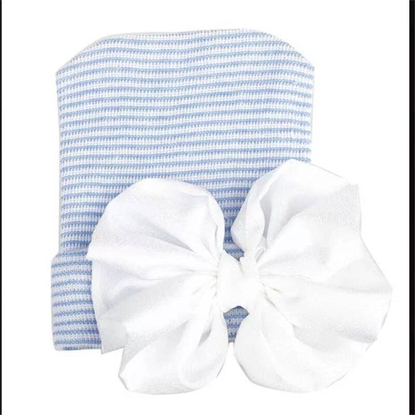 Newborn Hospital Hat, Gender Reveal, Embroidery, Monogram: White Pink / Satin Bow
