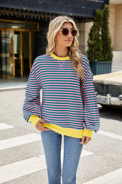 Striped Crew Neck Contrast Color Loose Long Sleeve Sweater: Black and white stripes