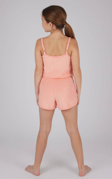 Girls Towel Terry Tie Waist Romper w Side Pockets: Ceramic