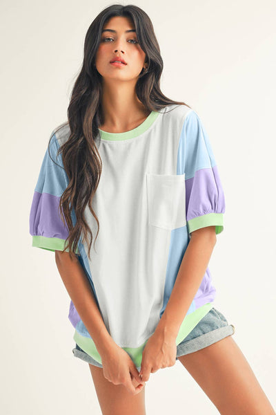 LDC Color Block Patchwork Half Sleeve Oversized T Shirt: Purple