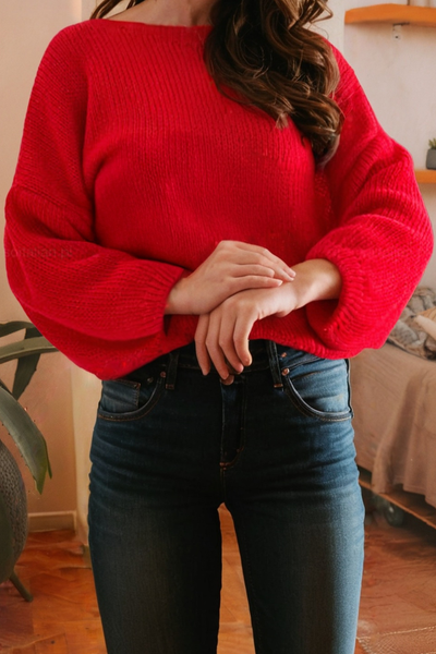 LDC Bow Backless Bubble Sleeve Festive Sweater: Fiery Red