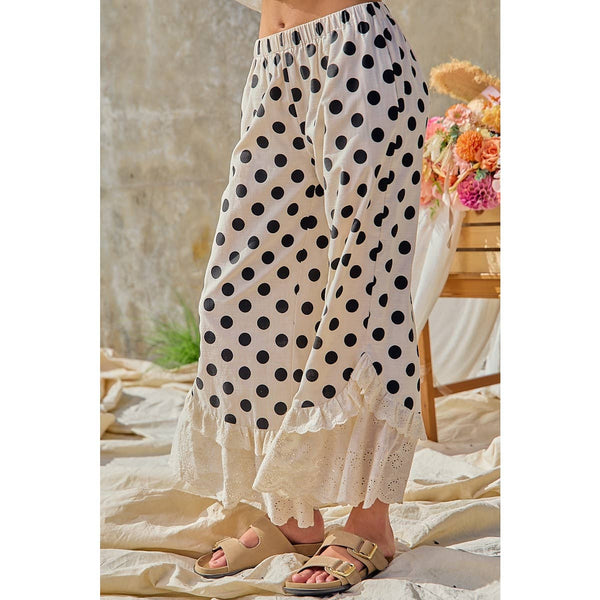LINEN BLEND POLKA DOT PRINTED RUFFLE LACE HEM PANTS: CREAM/BLACK