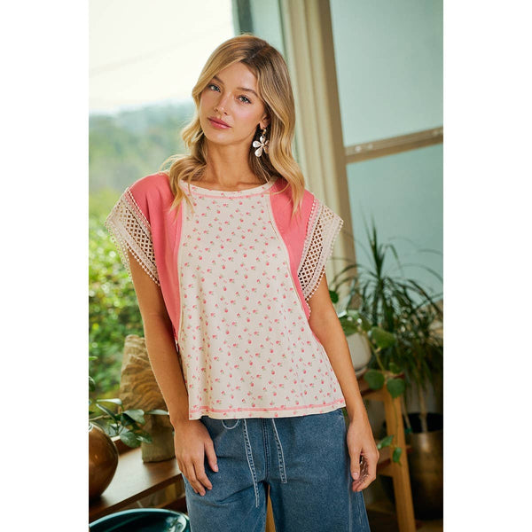 FLORAL RIB KNIT WITH CROCHET TRIM SLEEVES TOP: CORAL PINK / S