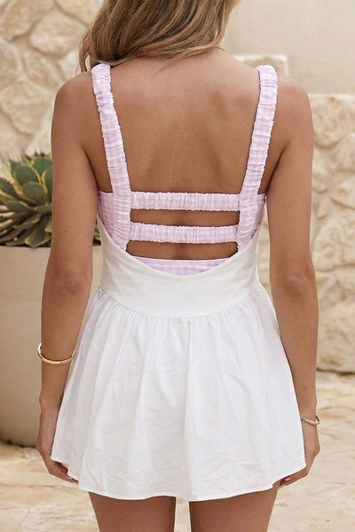 LDC Two Piece Gingham Contrast Patchwork Loose Mini Dress: White