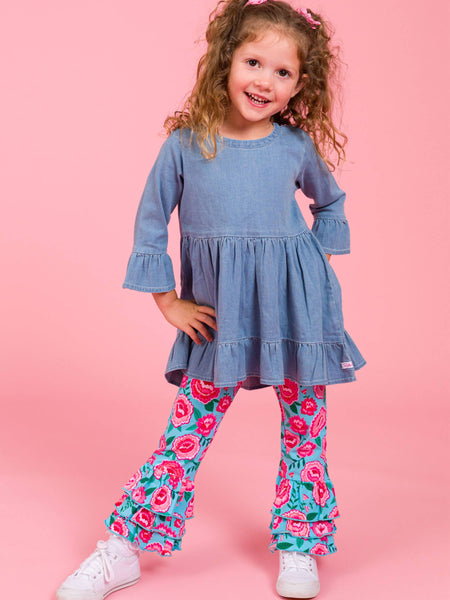 Girls Light Wash Denim Stretch Denim High Low Ruffle Tunic