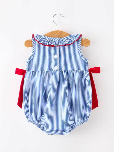 Girls 4th of July Plaid Romper Bow Smocked Embroidery:
