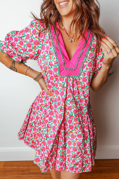 Floral Print V Neck Patchwork Short Bubble Sleeve Mini Dress: Pink