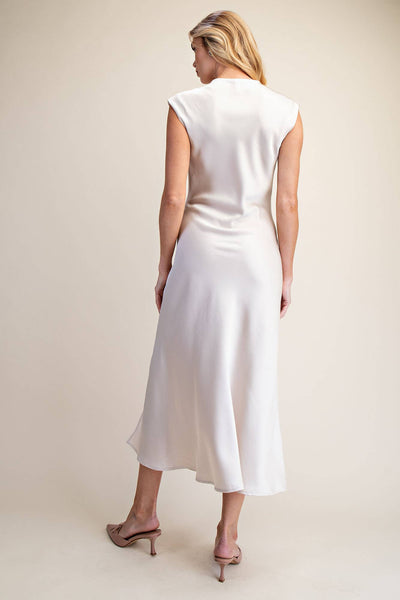 Short-Sleeve Cowl-Neck Slip Midi Dress: Cream
