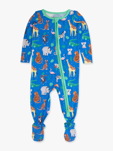 SoftSnooze™ Baby Bamboo Viscose Zoo Crew Footed One Piece Pajama: Blue