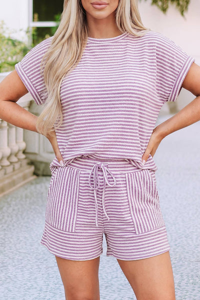LDC Stripe Breathable Textured Knit Short 2pcs Set: Purple Stripe