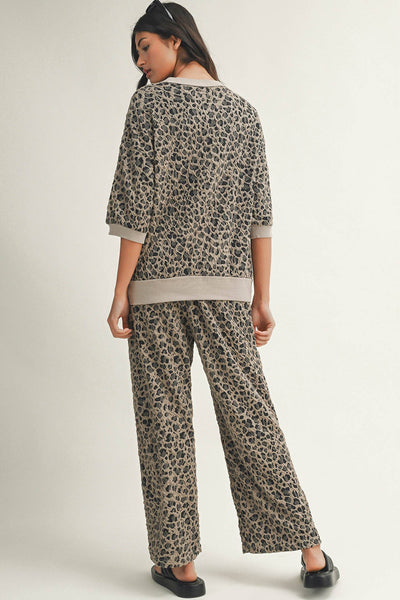 Spring Western Leopard Patchwork Pullover Wide Leg Pant Set: Khaki