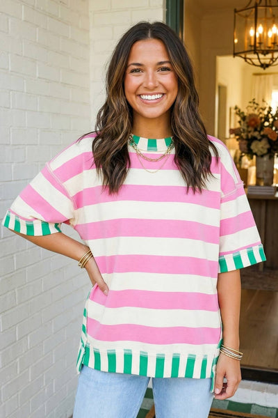 LAS Stripe Exposed Seam Patchwork Top Pink Stripe