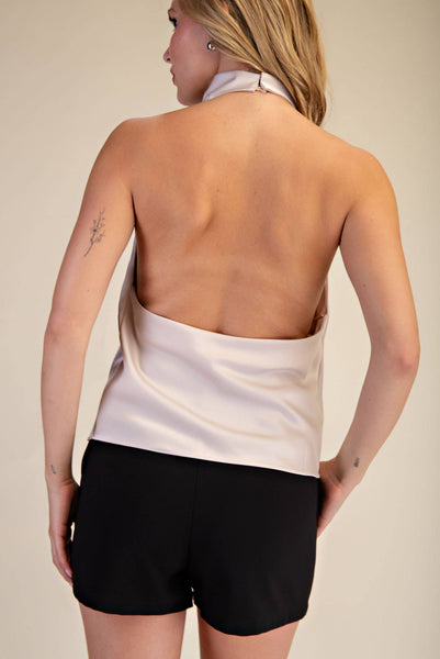 Halter Neck Cowl Neck Sleeveless Openback Satin Top: Dusty Blue / S