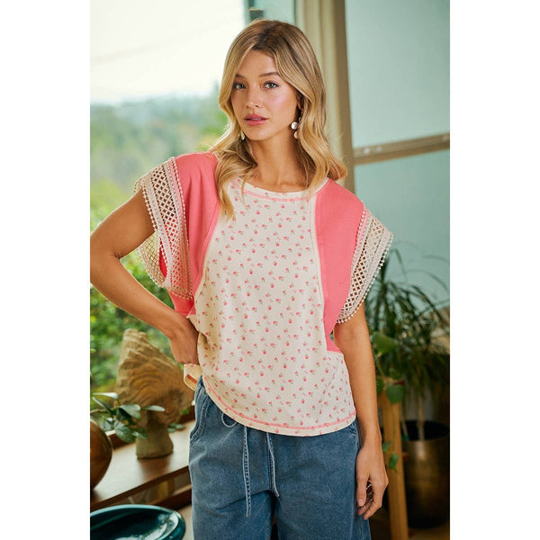FLORAL RIB KNIT WITH CROCHET TRIM SLEEVES TOP: CORAL PINK / S