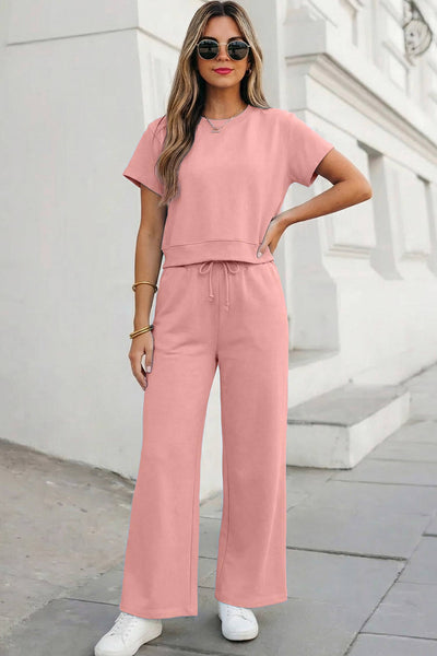 Soft Color Tee & Wide Leg Pants 2pcs Set Pink