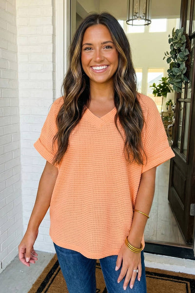 LAS Waffle V Neck Short Sleeve Knit Top Grapefruit Orange