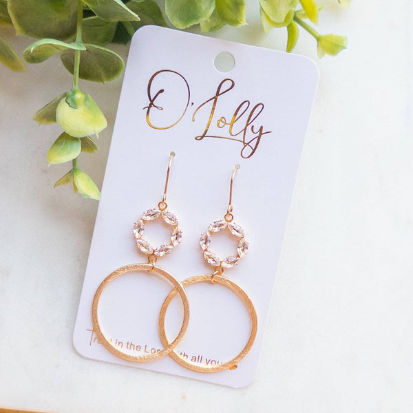 Cubic Zirconia Open Connector w/Gold Texture Hoop Dangle Earrings “Jenny”