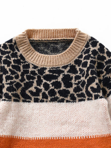 Girls Leopard Patchwork Winter Sweater: