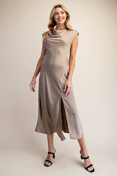 Short-Sleeve Cowl-Neck Slip Midi Dress: Cream
