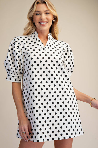 Ruffle V-Neck Puff Sleeve Polka Dot Mini Dress: white/black
