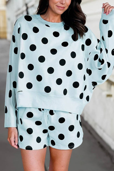 Cute Polka Dot Dot Print Loose Pullover Shorts Set Sky Blue