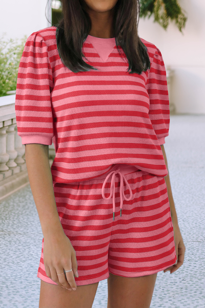 LDC Stripe Spring Puff Sleeve Shirt Matching Shorts SetGreen Stripe