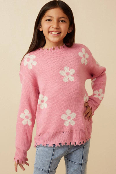 Girls Distressed Floral Patterned Pullover Sweater taupe