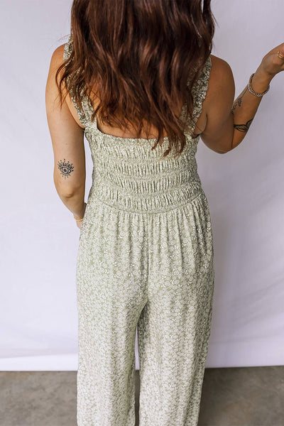 Floral Smocked Bodice Square Neck Sleeveless Jumpsuit Green