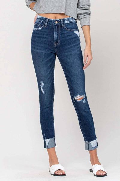 HIGH RISE DISTRESSED CUFFED CROP SKINNY JEANS V2173: ZEKE